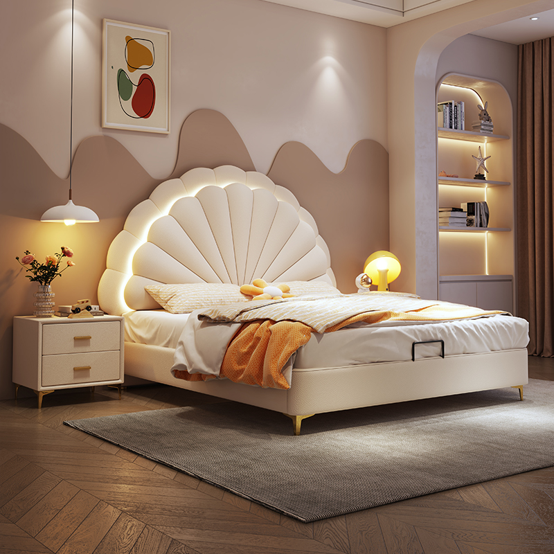 贝壳儿童床网红公主床1.5可爱贝壳藏光少女公主床简约床皮床粉色