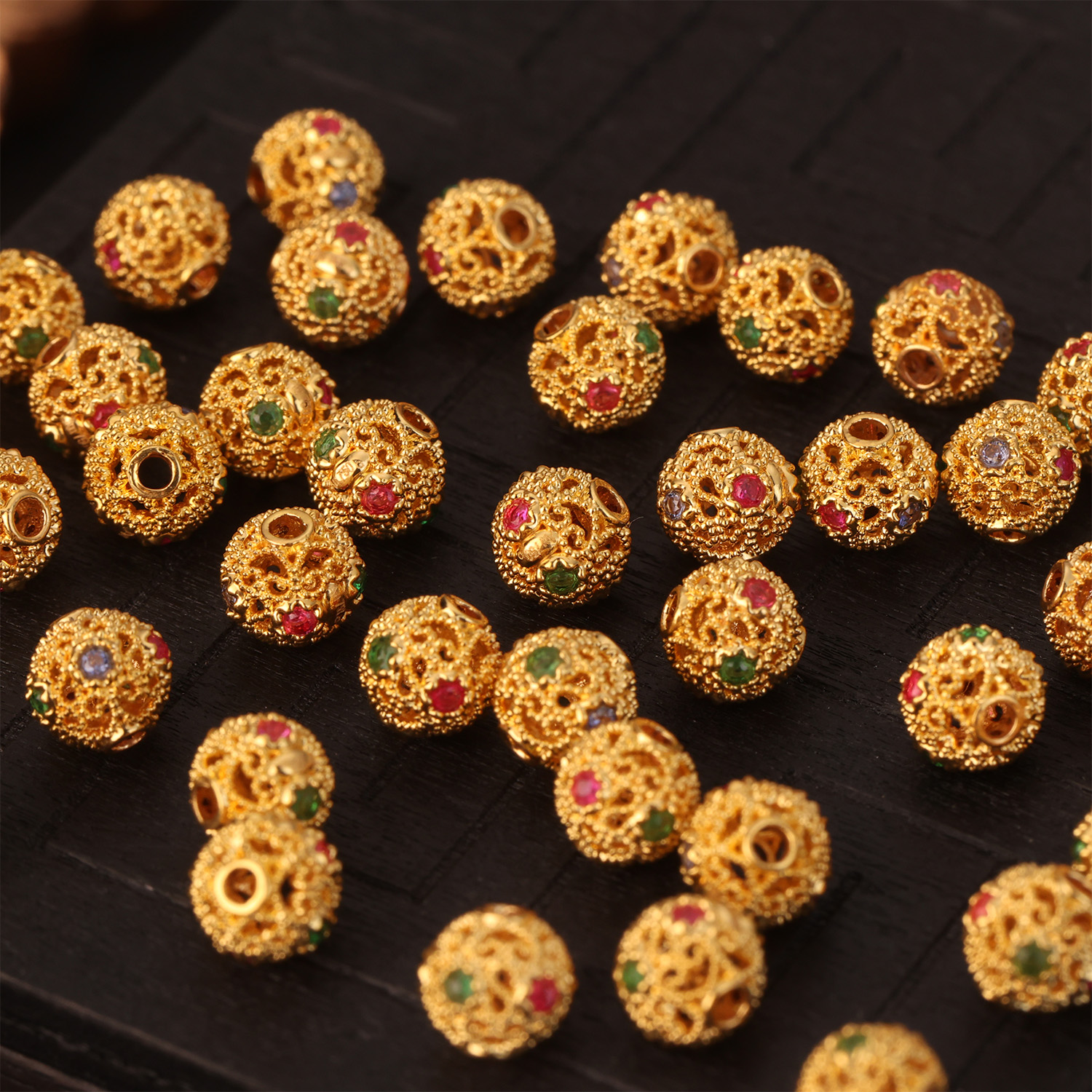 【来福工厂】18k金花丝豪镶红蓝绿宝6mm绣球珠DIY手串项链配饰