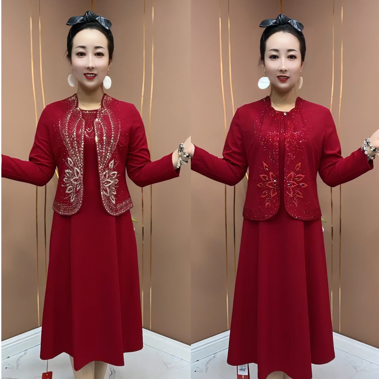 2874喜庆婚宴中式显瘦长袖裙外套洋气加外搭妈妈装秋冬时尚连衣裙