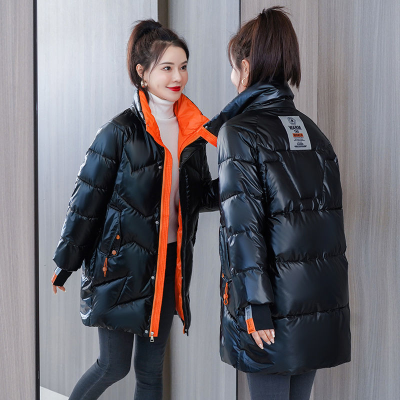 免洗亮面衣女中长款加厚2021冬服韩版宽松面包服袄外套