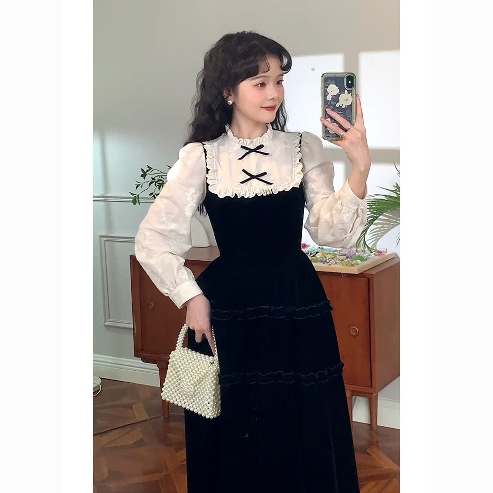 大码女装2023秋冬胖MM法式蝴蝶结木耳边拼接丝绒假两件显瘦连衣裙