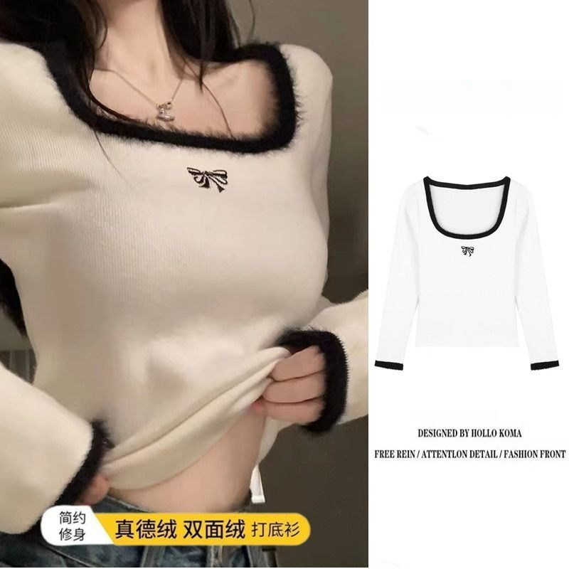 德绒软糯小众法式短款方领T恤白色打底衫女秋冬季高级感内搭上衣