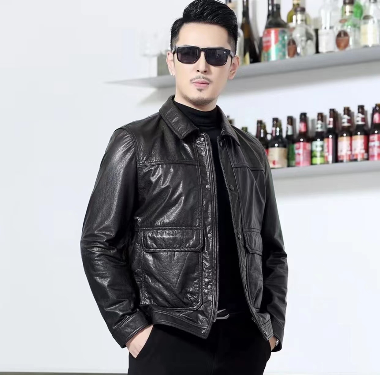 海宁真皮皮衣头层牛皮男款商务休闲秋冬单皮外套翻领男士