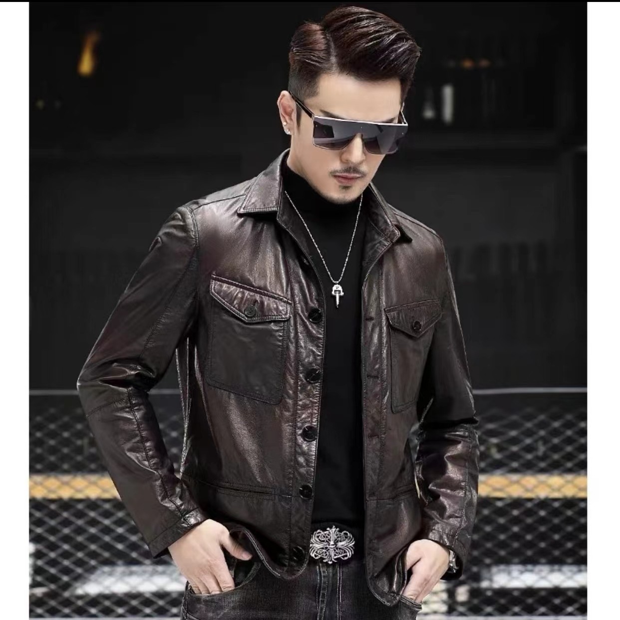 2023新款海宁真皮皮衣男复古痞帅头层牛皮衬衫款纯皮修身潮流外套