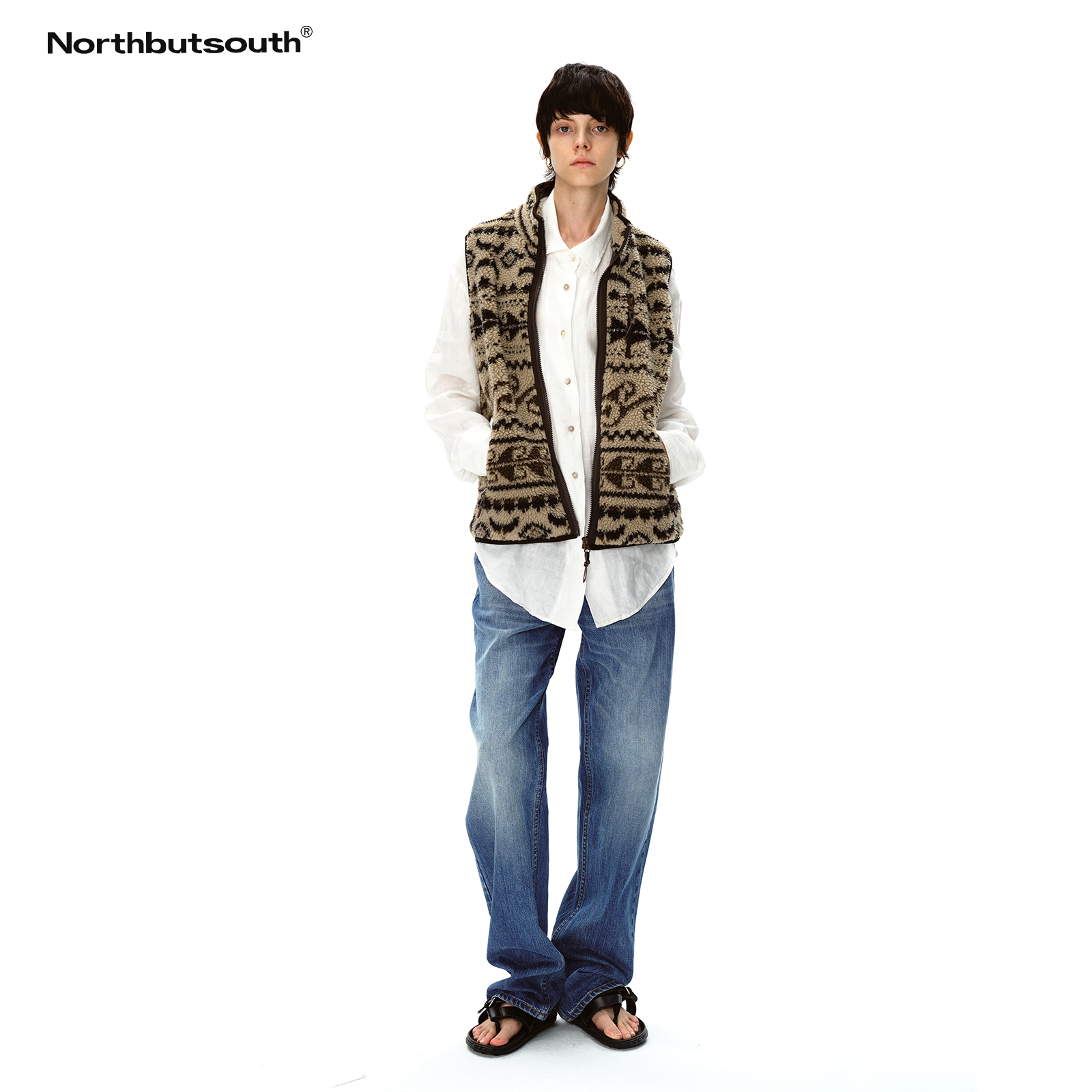 Northbutsouth复古花纹摇粒绒高领拉链马甲外套