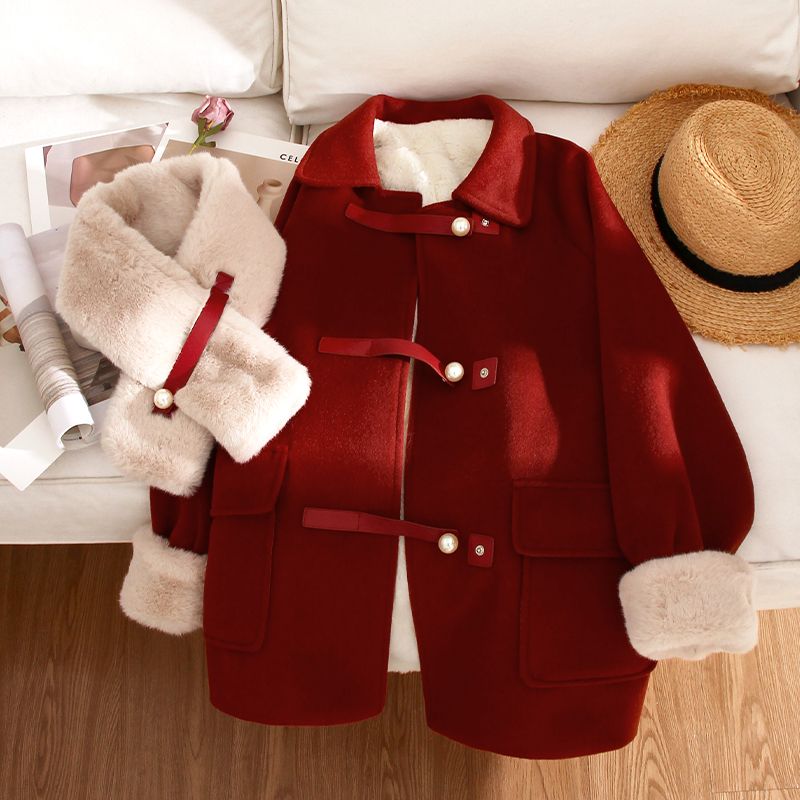 新年红色毛呢外套2023秋冬新款韩版女装减龄气质加绒加厚宽松大衣