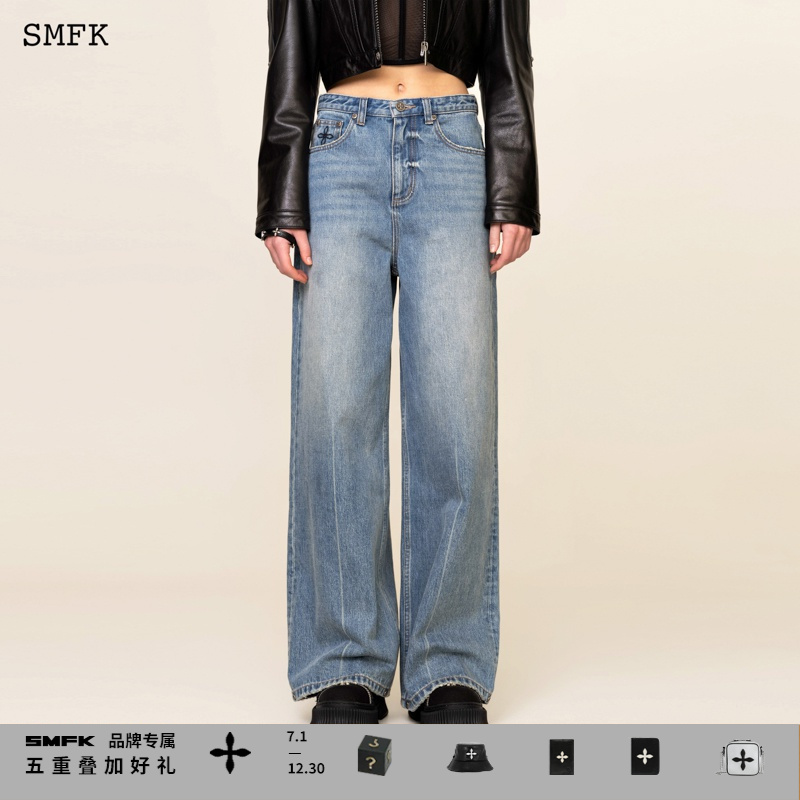 SMFK十字花阔腿牛仔裤 PD005BL1 高腰极简直筒修身长裤
