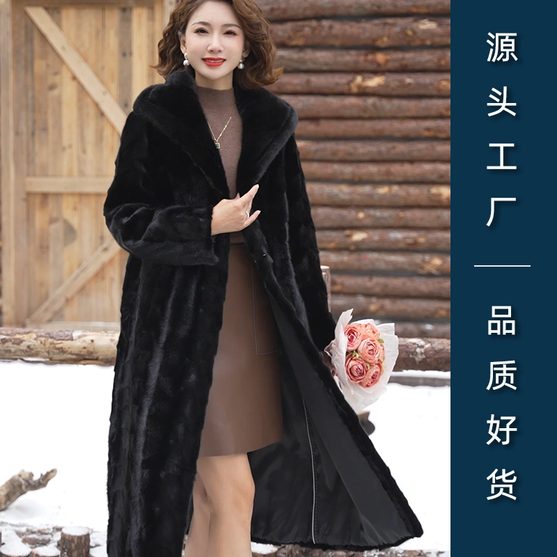 长款过膝修身水貂毛皮草真貂外套大衣女100%真水貂毛皮草