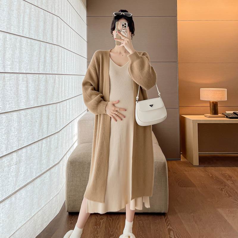 孕妇套装秋冬季长款毛衣外套打底吊带针织背心裙两件套新款网红