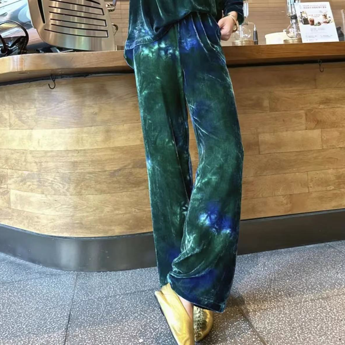 水墨渐变真丝丝绒休闲裤女扎染桑蚕丝显瘦松紧腰宽松直筒长裤