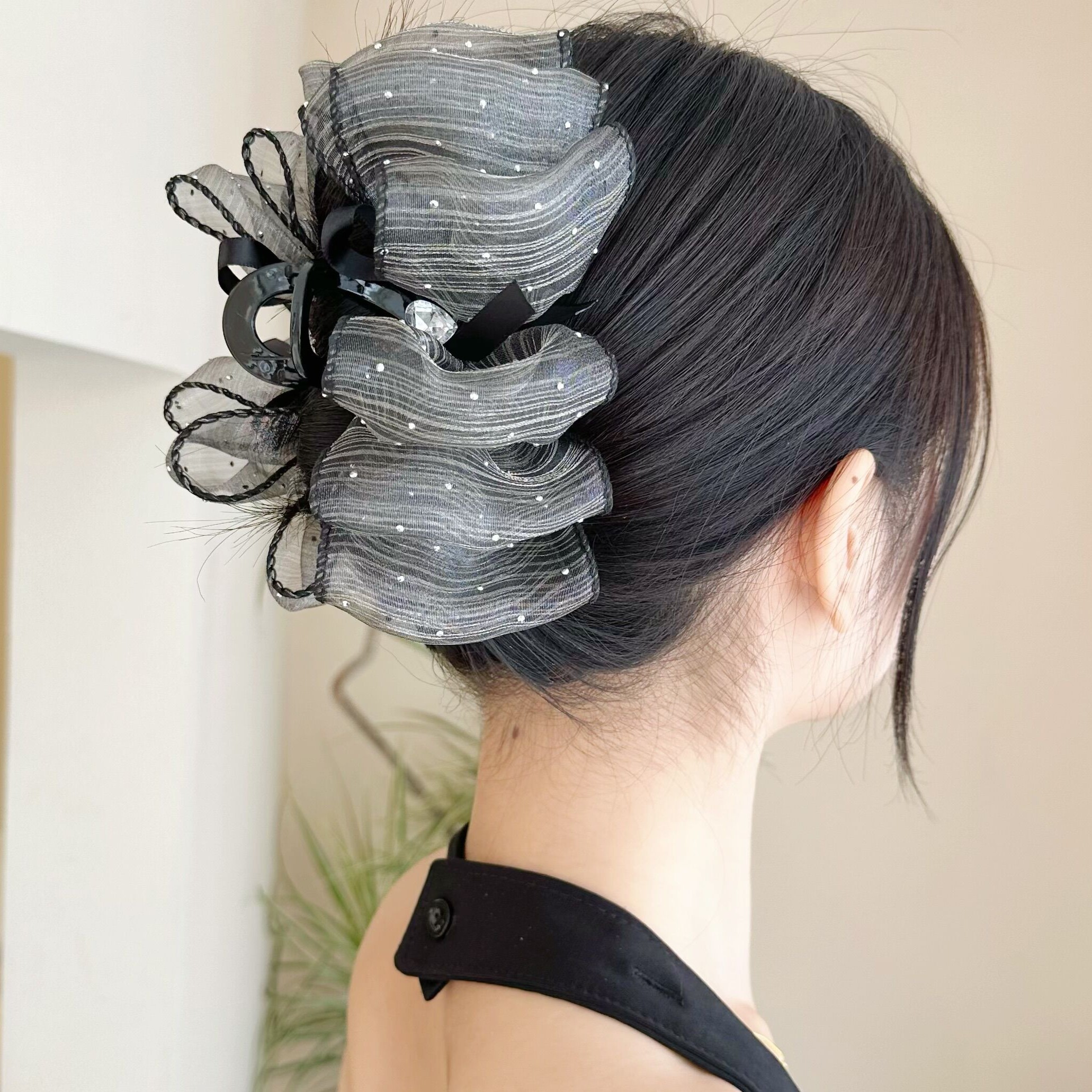哈韩宅物布艺发饰多层网纱蝴蝶结抓夹后脑勺发抓夹子网红简约头饰