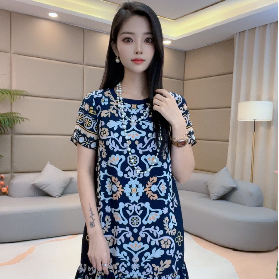 《雯雯心选》“巴洛克”真丝连衣裙气质时尚圆领甜美90327