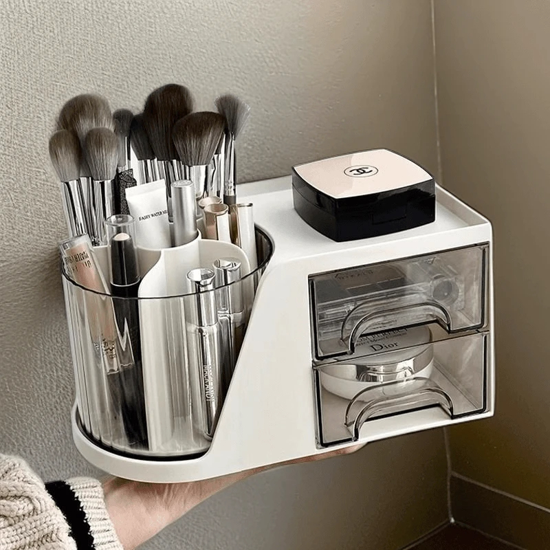桌面旋转化妆刷女士学生收纳盒化妆品收纳筒抽屉式分格梳妆台笔筒