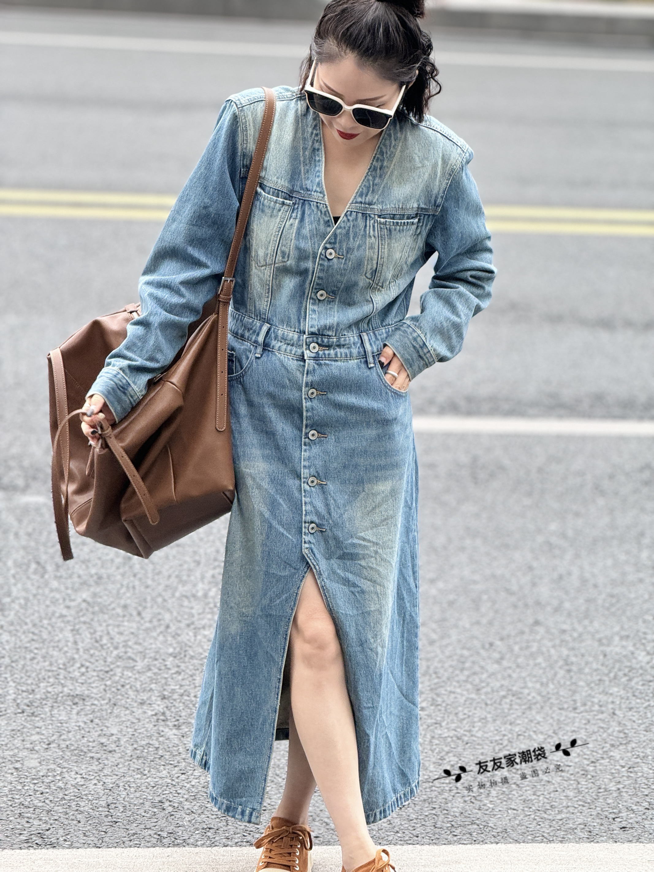 【友友家】洋气的开叉不规则牛仔连衣裙时尚百搭复古港风收腰设计感
