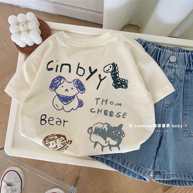 夏季儿童打底新款卡通棉短袖宽松t恤韩系百搭宝宝男女童薄上衣T