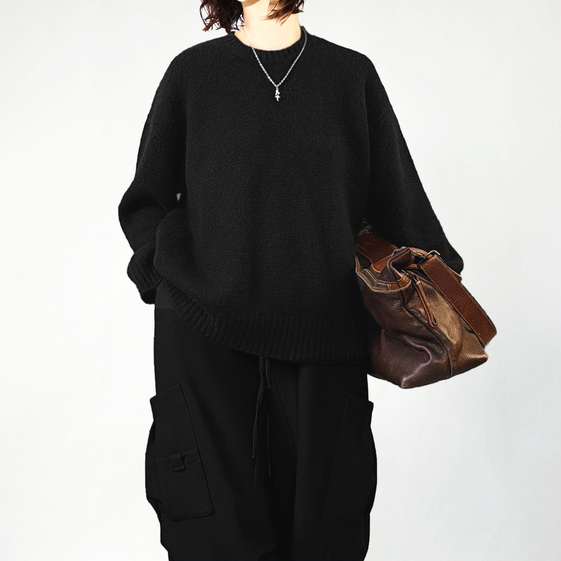 陈小满原创设计厚织黑色针织衫纯羊绒宽松茧型长袖圆领羊绒衫