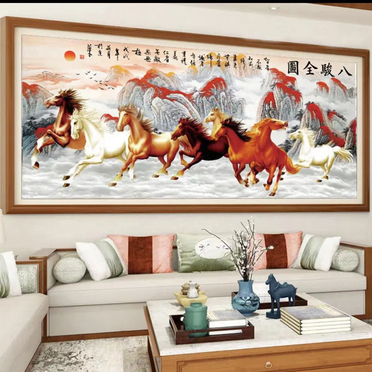 马到成功 八骏图客厅风景画十字绣