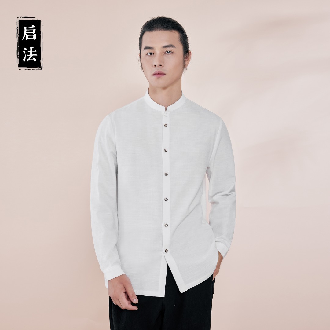 启·法男装秋装新款衬衫简约百搭新中式长袖衬衣宽松中国风立领