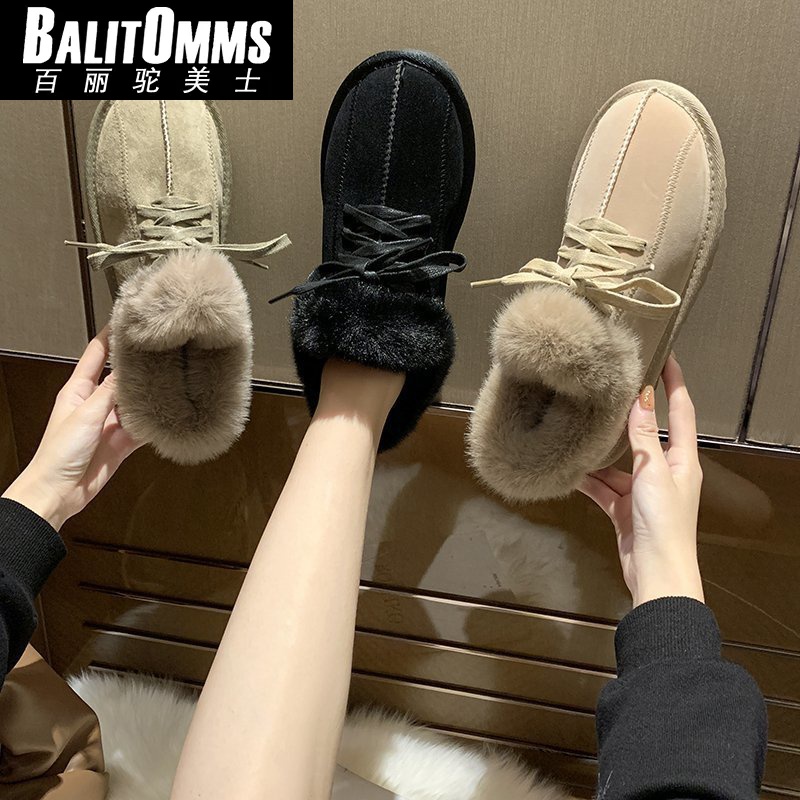 百丽驼美士加绒保暖雪地靴女式秋冬毛口系带橡胶鞋底豆沙绿色防滑