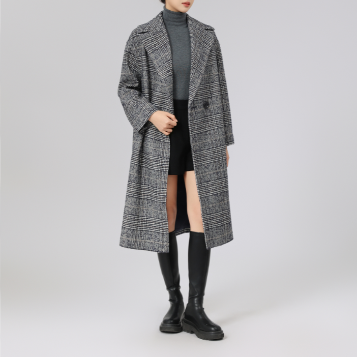 AMASS/阿玛施 复古百搭格纹长袖两粒扣宽松长款羊毛大衣5400361
