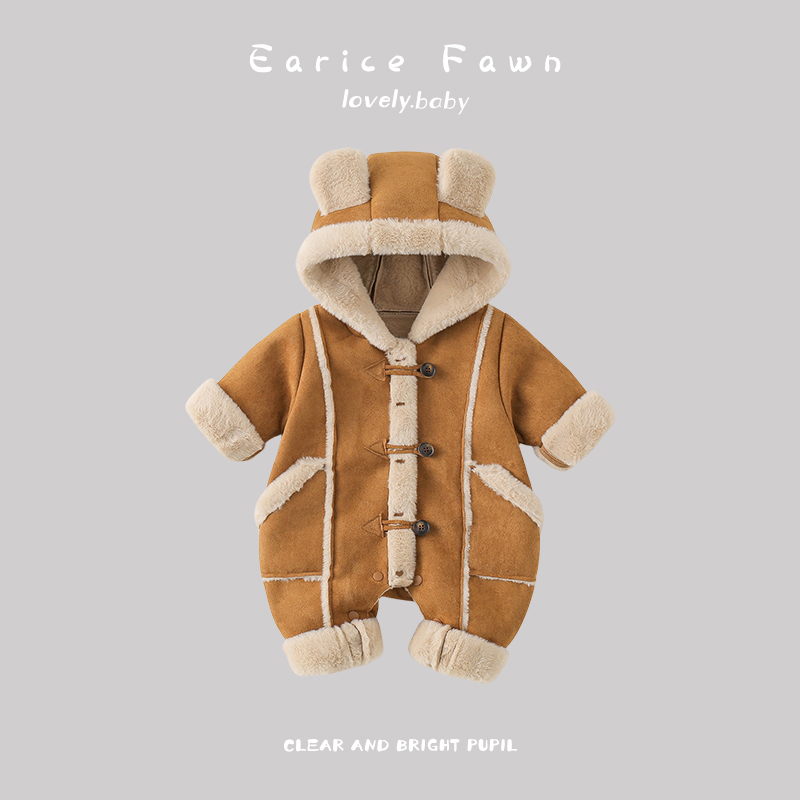 YM婴儿衣服冬季宝宝洋气连体衣满月百天爬爬服外出加厚保暖棉衣1