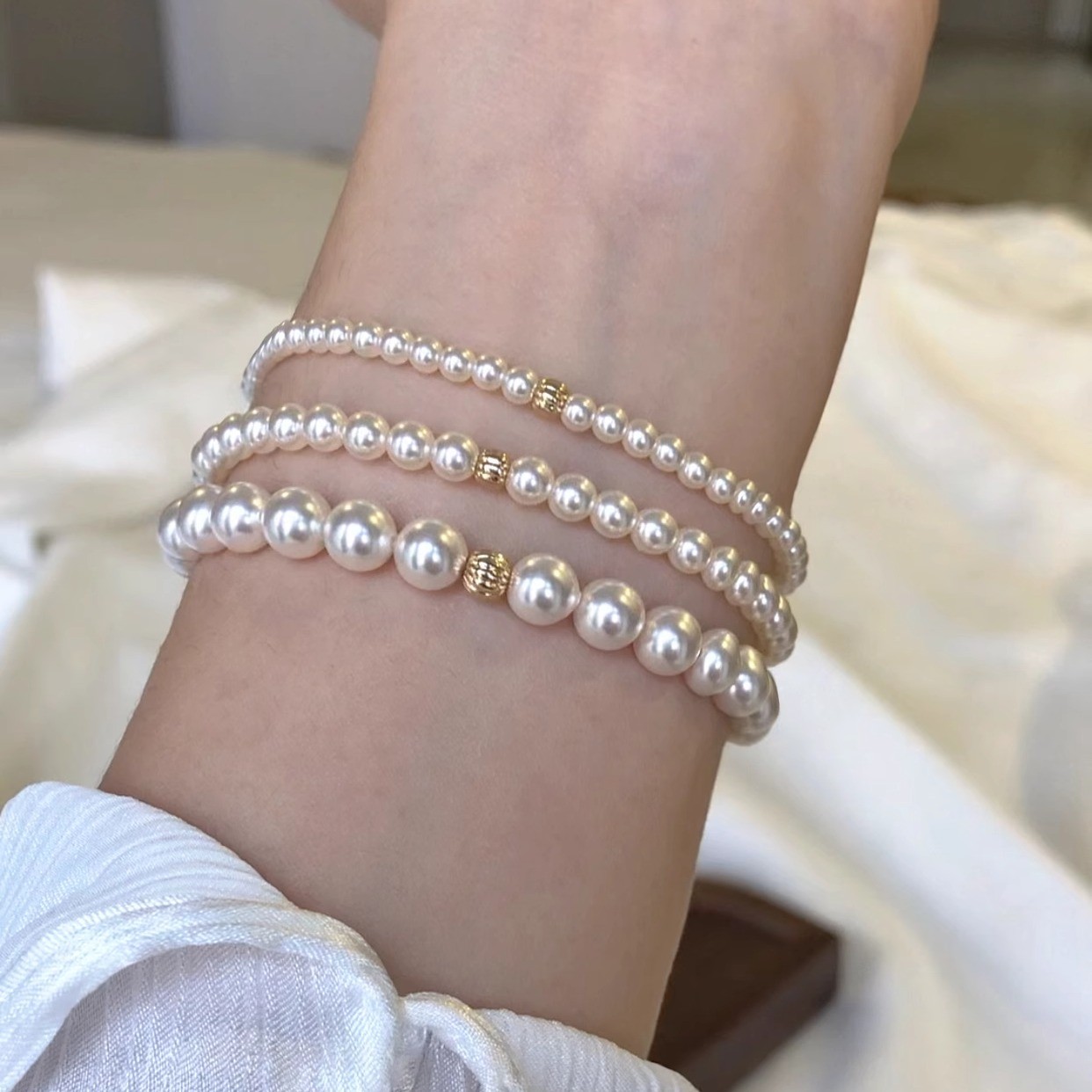 合成金属仿珍珠手链 鲛人语/小金珠珍珠手链百搭fever博主同款