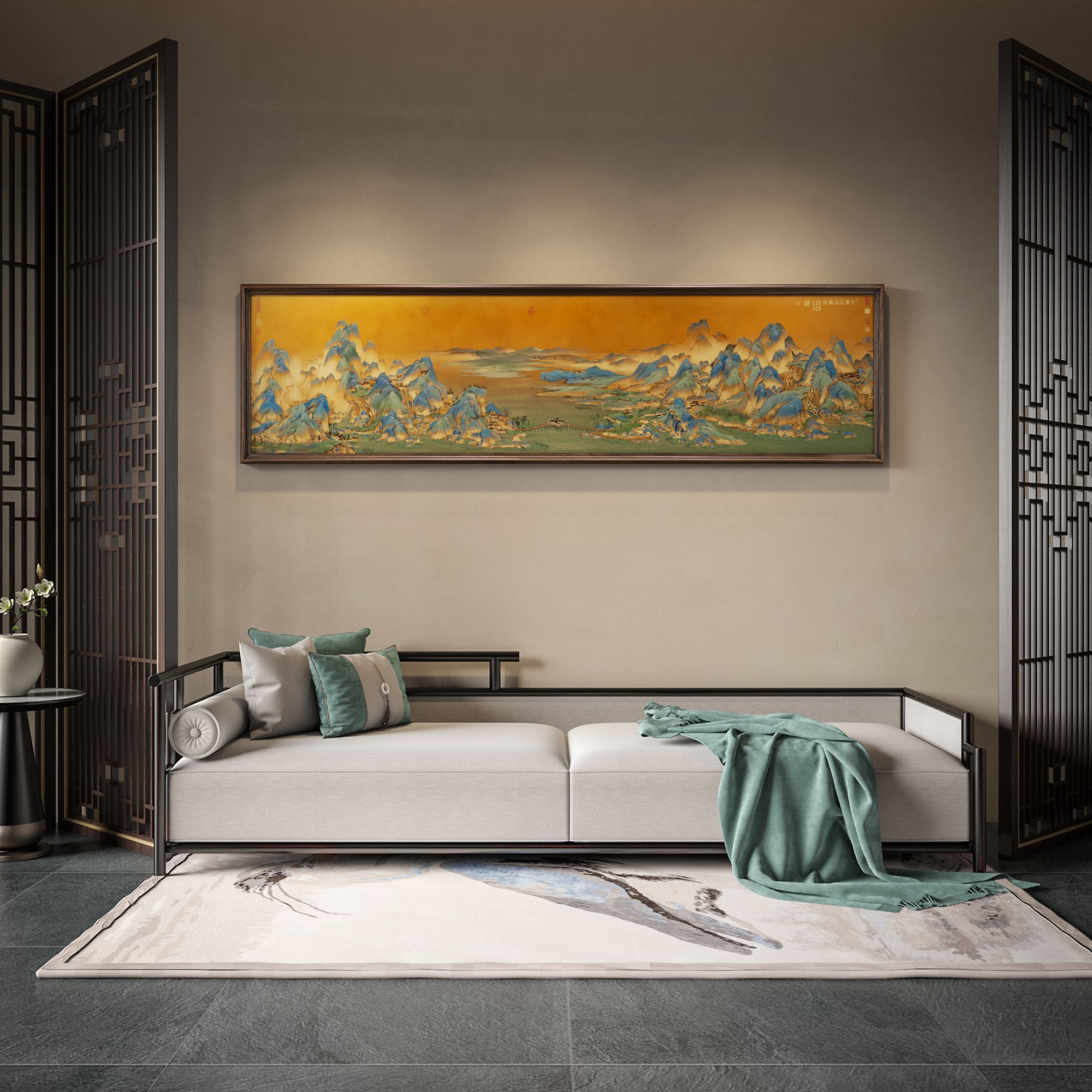 古歌元作《千里江山》北宋中式铜彩厅堂山水沙发背景墙装饰画