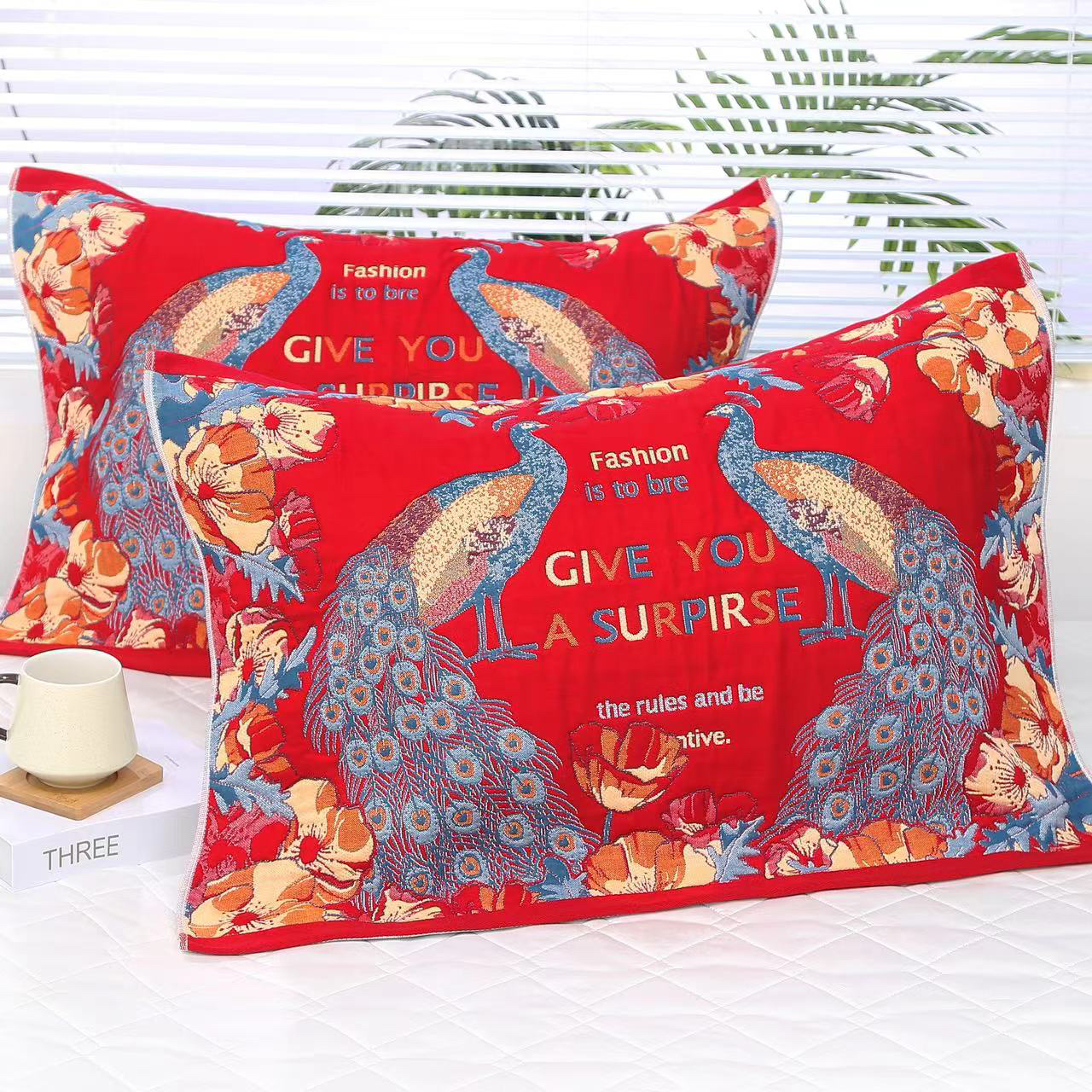 【新款】婚庆十层纯棉纱布枕巾加大加厚不起球不掉色