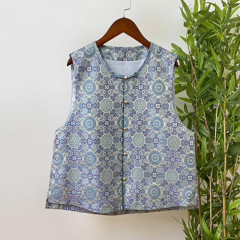 【八达运】蓝色复古国风休闲百搭时尚提花宋锦马甲桑蚕丝无袖正襟