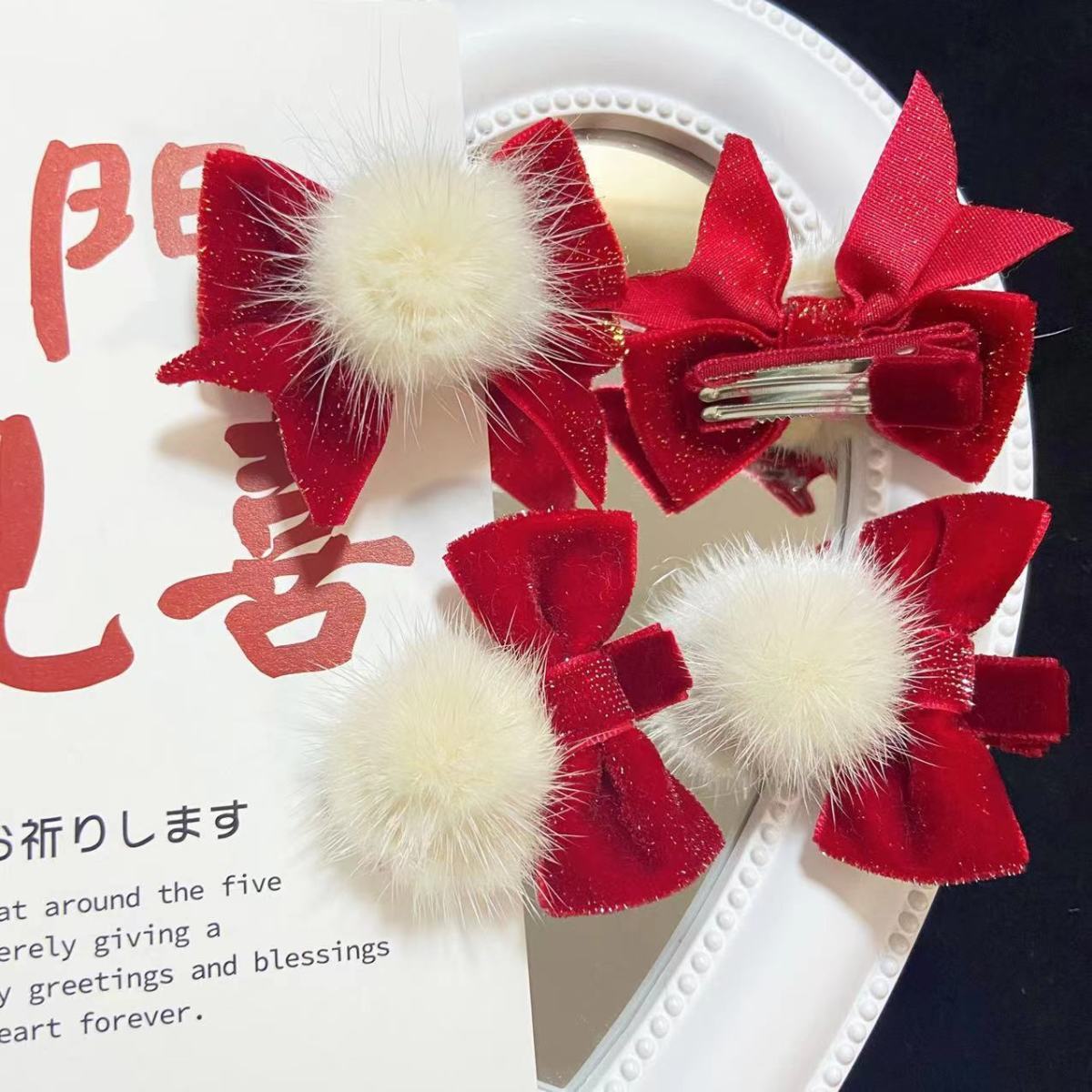 新年小流苏幼儿发卡汉服儿童发夹宝宝对夹可爱蝴蝶结毛球公主发饰