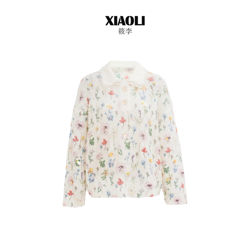 XIAOLI筱李 周也同款印花针织马海毛POLO衫长袖针织衫