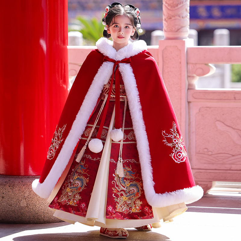 女童冬季汉服马面裙复古中国风保暖唐装喜庆超仙表演裙子