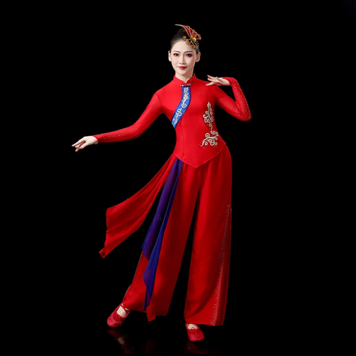 新款蓝红飘带古典舞扇子舞打鼓服舞台秧歌舞民族舞腰鼓舞演出服