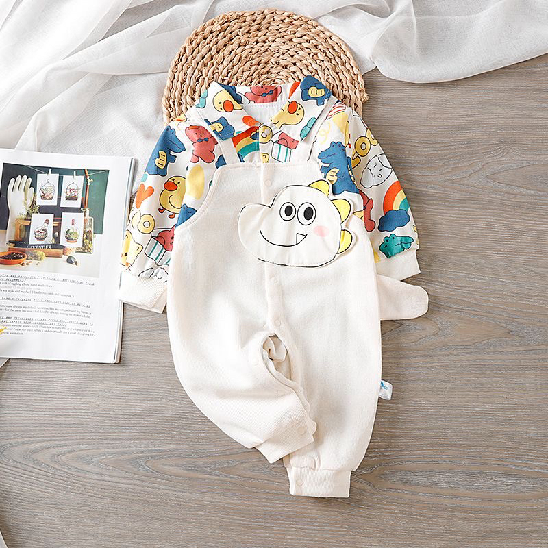 婴儿春秋装连体衣宝宝可爱卡通超萌小恐龙长袖哈衣双层外出服