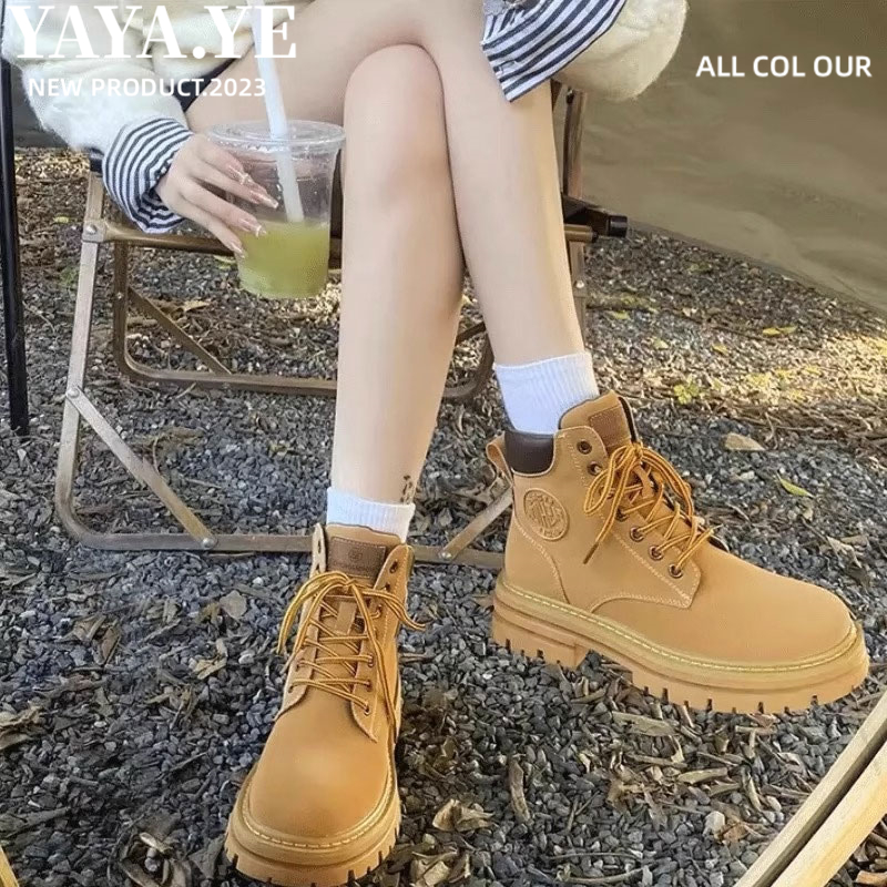 红蜻蜓牌大黄靴马丁靴女2023新款厚底秋季短靴子英伦风踢不烂大黄