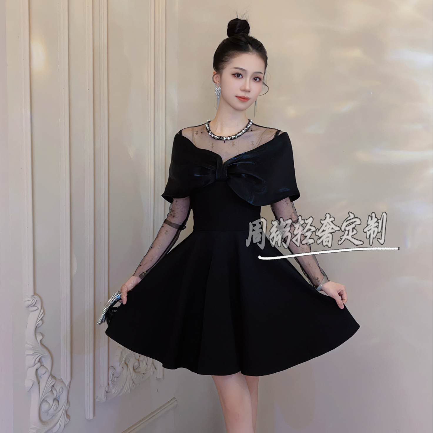 【周粥定制】原创新款气质显瘦法式名媛黑色小礼服21405
