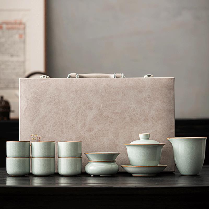 C827 汝窑天青茶具带证书套装礼盒手工高档复古家用简约主人杯