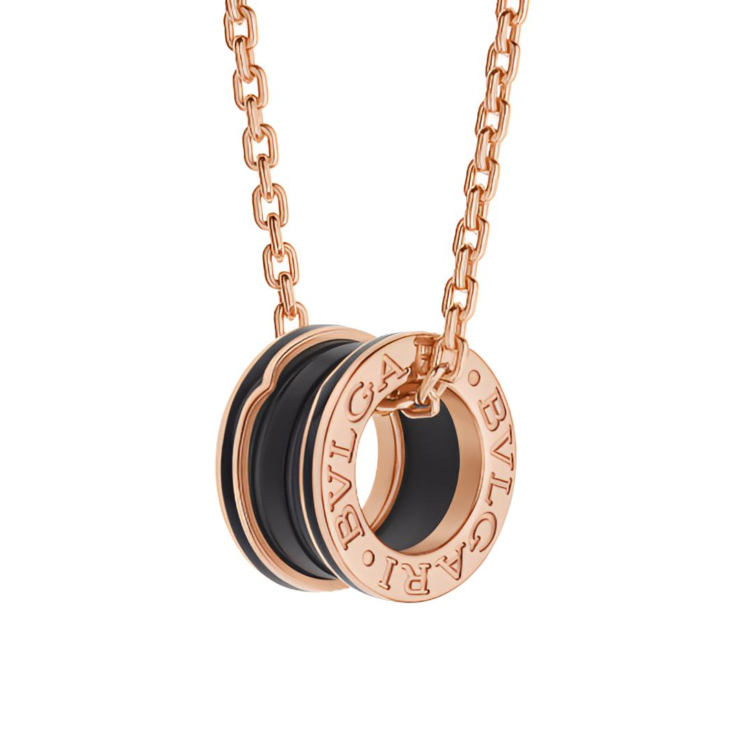 99新 BVLGARI/宝格丽 Bzero1黑陶瓷60链长18K玫瑰金色项链大弹簧