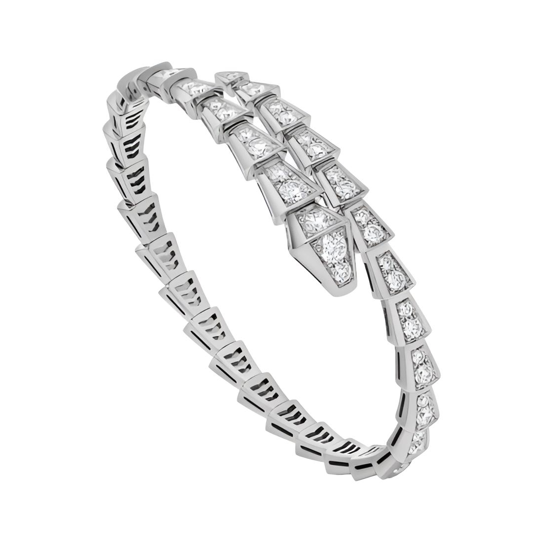 99新 BVLGARI/宝格丽 Serpenti Viper系列白金色时尚满钻灵蛇手镯