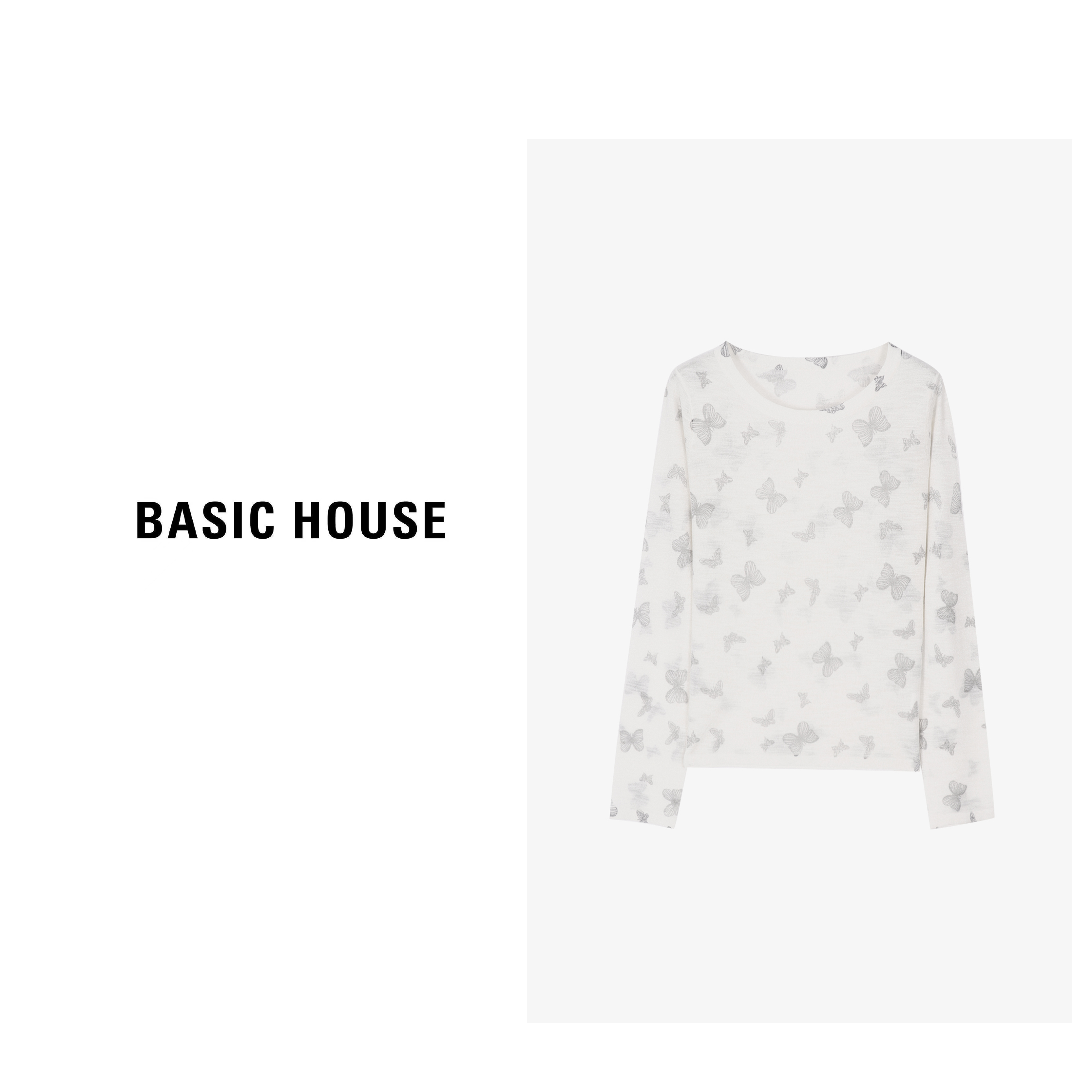 Basic House/百家好新款轻职蝴蝶印花薄款女士针织衫-B0624B5Q572