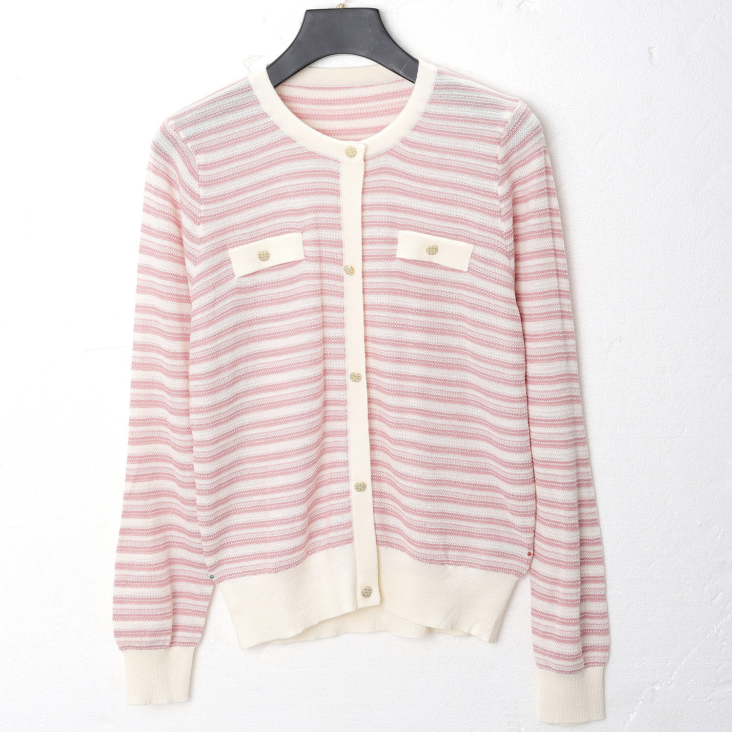 【早春穿搭】C7313粉色法式小香风条纹复古设计感气质百搭针织开衫