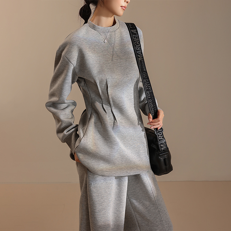 秋冬圆领套头长袖收腰卫衣裙捏褶花瓶腰显瘦简约休闲上衣4116