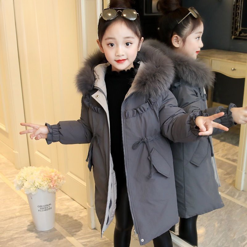 女童秋冬加厚保暖棉服腰大毛领小女孩中长款棉袄棉衣潮
