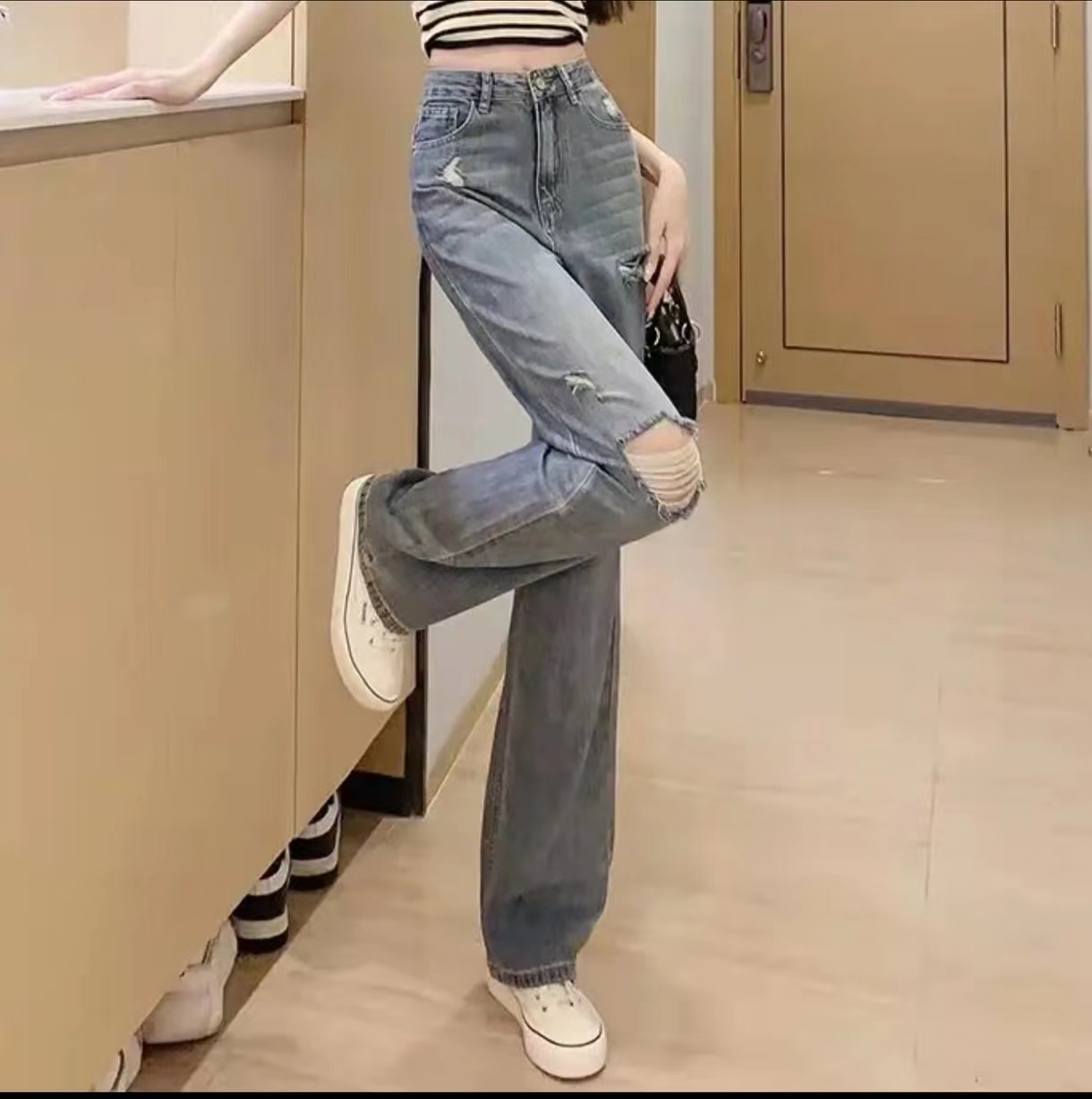 【小颖】801-999 春秋新款韩版女装牛仔拖地喇叭宽松百搭直筒牛仔女