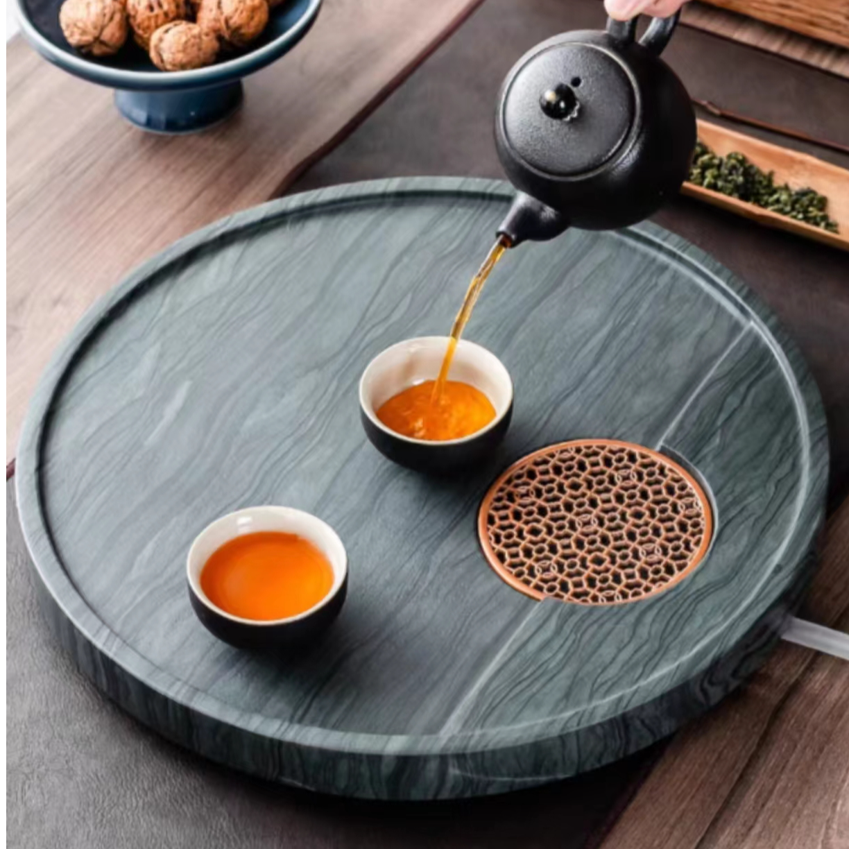 木纹石整块天然原石茶盘中式功夫茶排水茶台简约石头家用茶海托盘