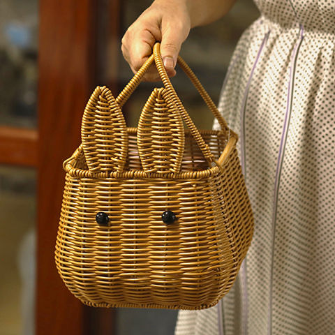 日式网红手提小兔收纳篮子编织田园藤编壁挂整理花篮中秋【C57】代】