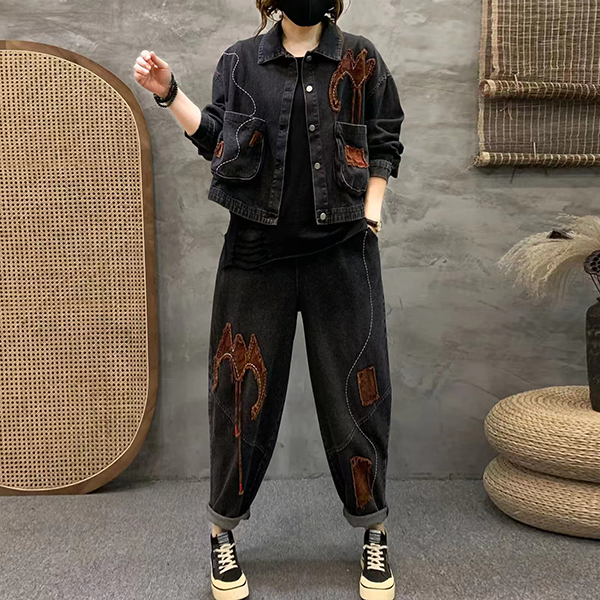 2025秋季时尚休闲两件套宽松显瘦洋气百搭做旧复古文艺牛仔套装