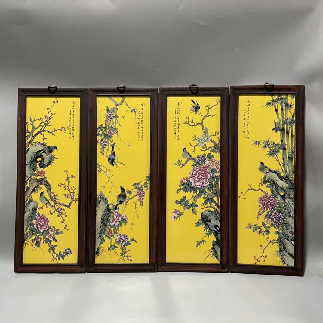 景德镇陶瓷瓷板画帝黄釉四季花鸟单块尺寸54/20