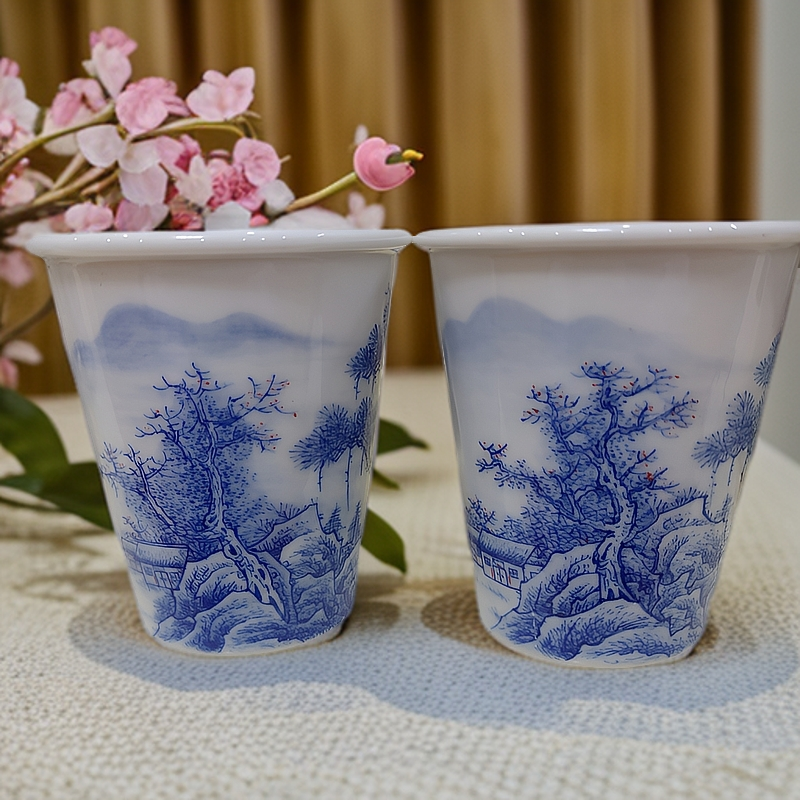 景德镇纯手工制作手绘陶瓷青花山水可乐杯情女杯主人杯2个