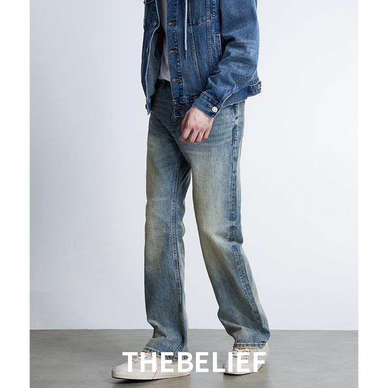 24725#日本KUROKI面料新款复古水洗做旧百搭517微喇牛仔裤男